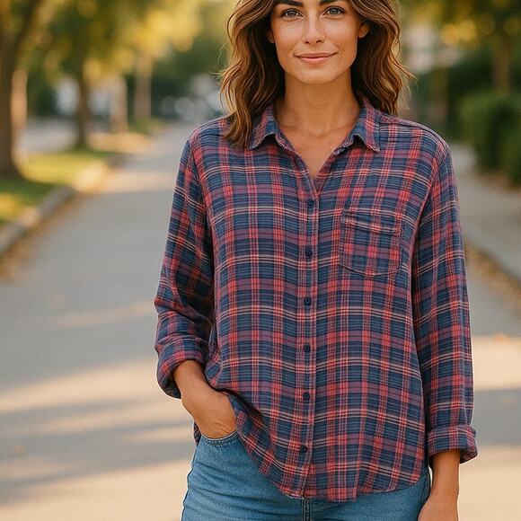 Lucky Brand Size L Shirt 100% Rayon Navy and Pink Plaid Soft Button Down - Picture 1 of 8